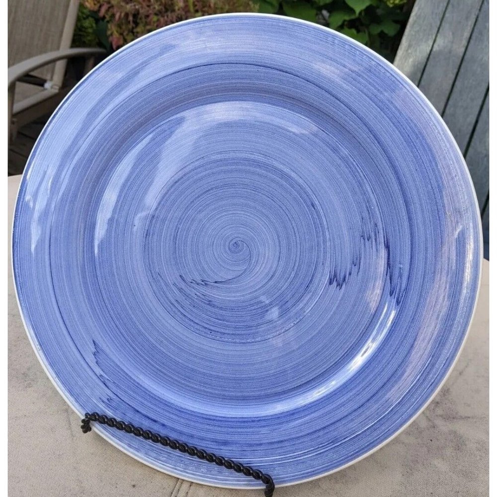 Caleca Hand Painted in Italy, Blue Swirl Brush Pottery Plate Dish Large 13" 33cm